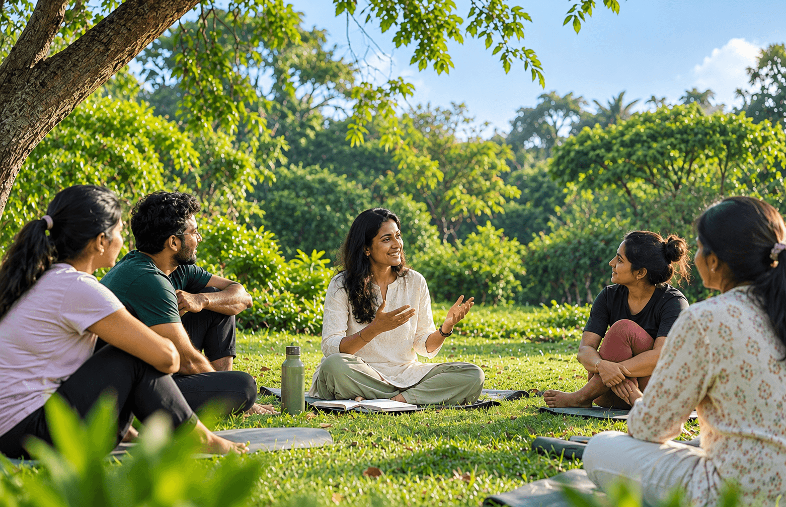 A coach speaking with a group seated on the grass