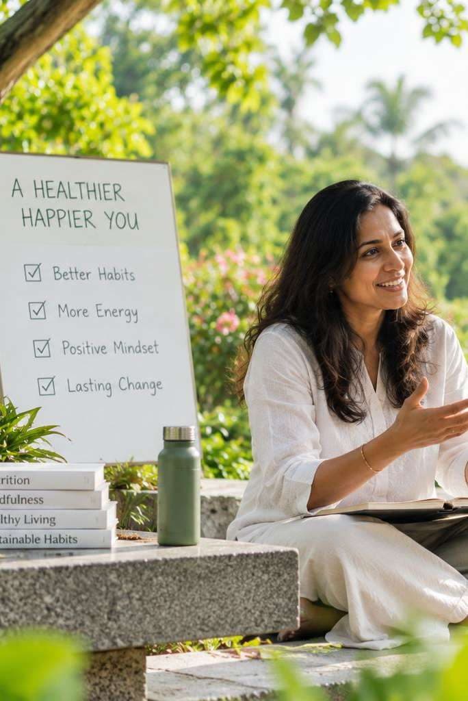 Coach seated beside a whiteboard reading “A healthier, happier you”