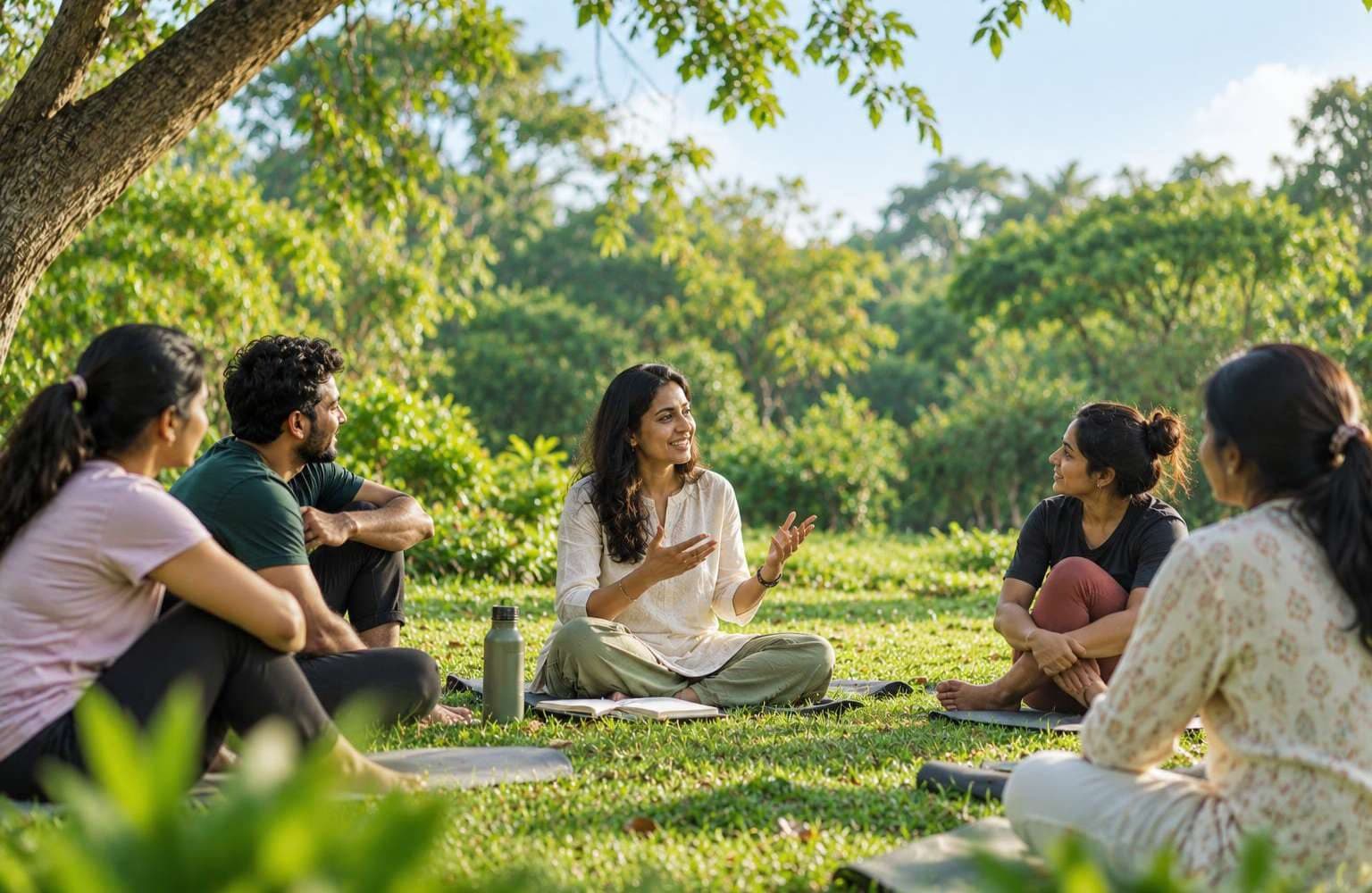 A coach speaking with a group seated on the grass